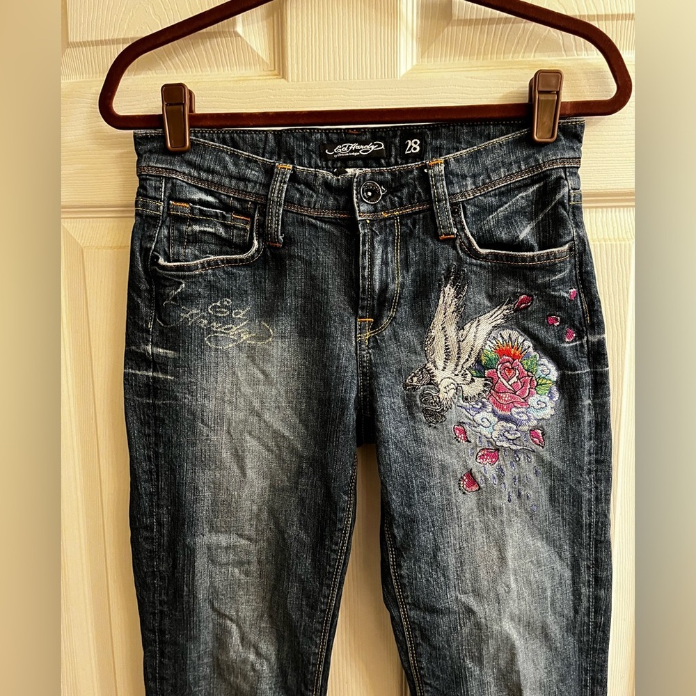 ULTRA RARE~ED HARDY~ TATTOO JEANS ~ SKINNY RAW HEM ~ MIXED MEDIA ~ DOVE~28 - Picture 11 of 16